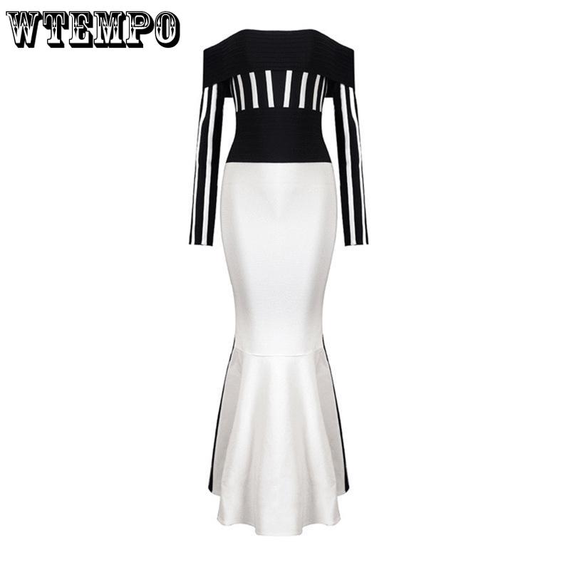 Slash Neck Dress Striped Women Long Sleeve Slim Evening Gowns Lady Cocktail Party Vestidos