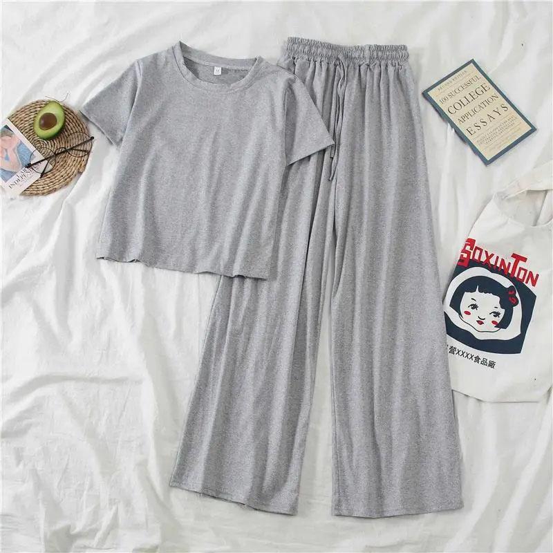 2PCS Women's Spring and Summer Leisure Suit Lazy Korean Style Thin Sportswear Short Sleeve T-Shirt Top + Wide Leg Pants Two-piece Suit