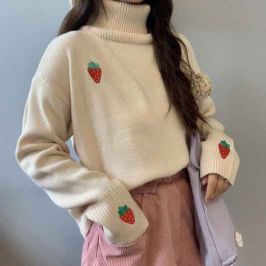 Autumn and Winter Fashion Loose Jacket Strawberry Embroidery Turtleneck Top Sweet Style Cute Female Sweater