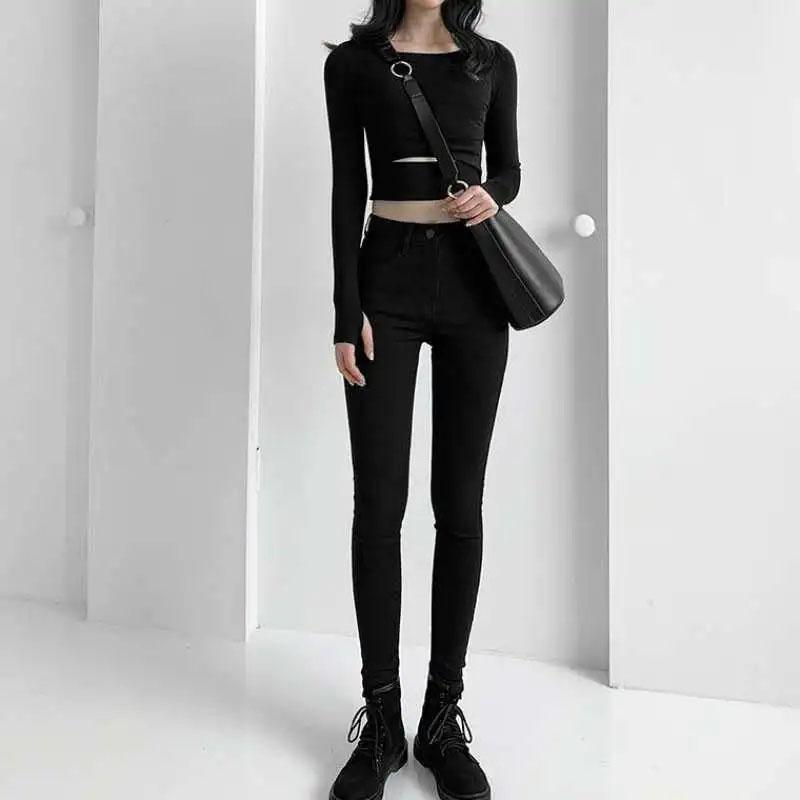 Women's High Waist Jeans Korean Style Black Pencil Pants Tight Elastic Smoke Gray Student Slim Magic Pants Long Pants