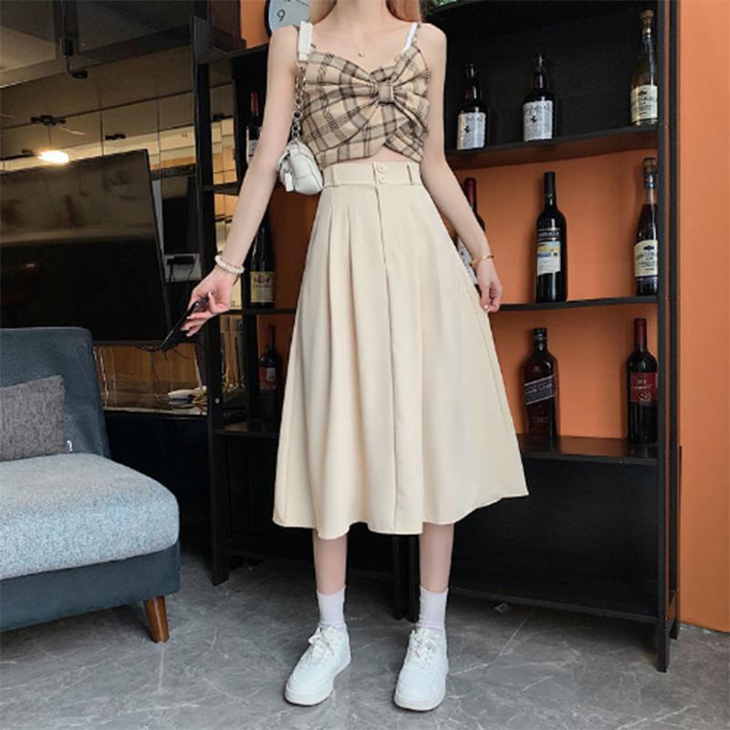 Korean Version of Spring Clothing Solid Color Fashion Two Button Design High Waist Slim Skirt A-line Midi Skirt Women's Trend