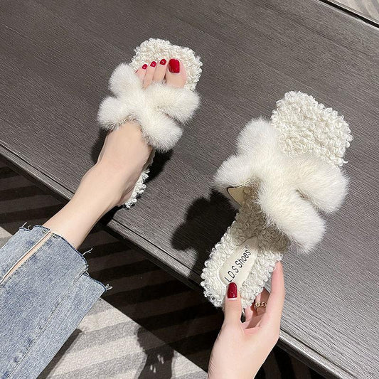 Ladies Cotton Slippers Plush Slippers Fall Winter Fashion Outer Wear All-match Flat Flat Shoes