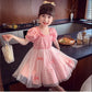 Girls Summer Children's Checkered Net Gauze Dress Little Girl Puff Sleeve Pleated Dress