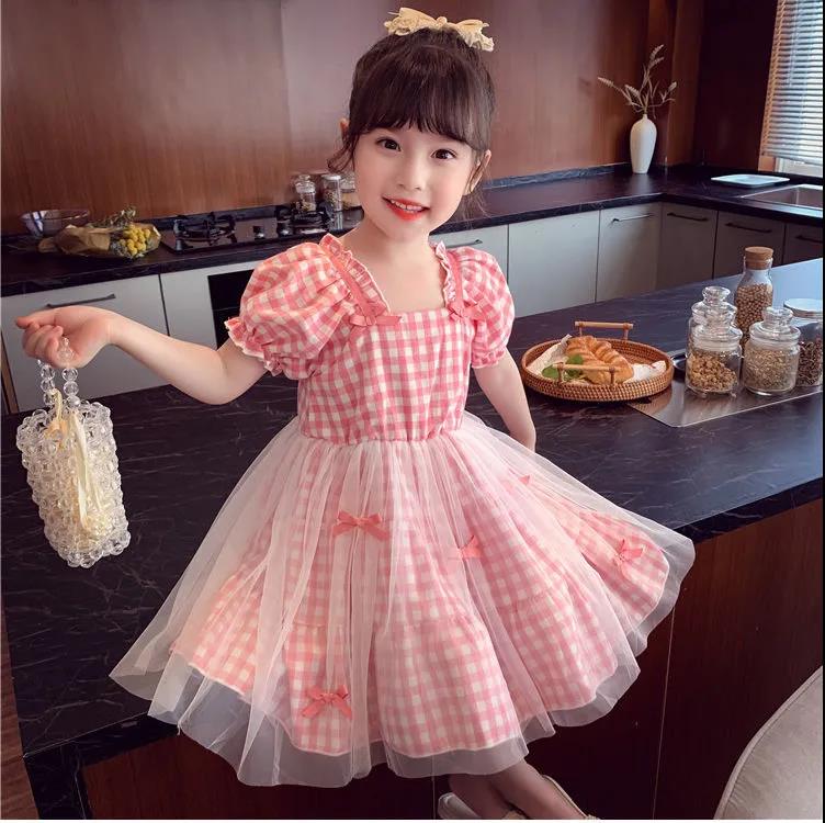 Girls Summer Children's Checkered Net Gauze Dress Little Girl Puff Sleeve Pleated Dress