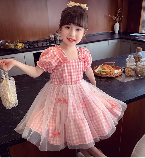 Girls Summer Children's Checkered Net Gauze Dress Little Girl Puff Sleeve Pleated Dress