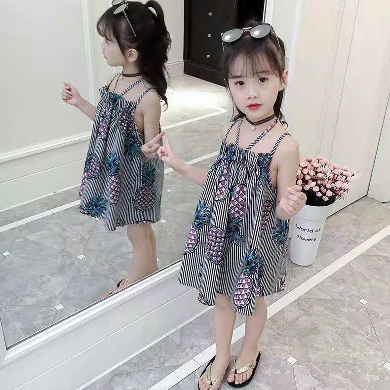 Children's Dress Girl's Suspender Dress Korean Version of Printed Fruit Striped Dress Backless Beach Princess Dress