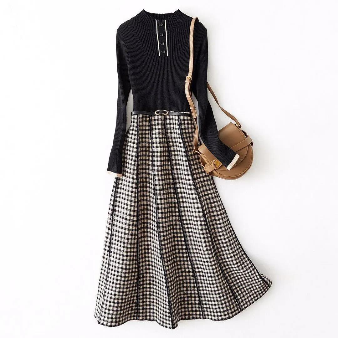 2021 Autumn Dress Simple and FashionableThin Checkered Color Matching Commuter Temperament Waist Knit Dress Women