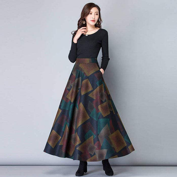 Winter Plus Size Woolen Skirt Female Printed Plaid A-line Skirt Long Maxi Skirt