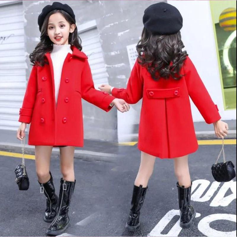 Big Boy Girl Woolen Double-breasted Mid-length Woolen Woolen Thick Solid Color Cardigan Jacket for Autumn and Winter Western Style