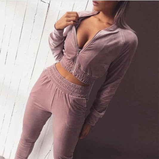 WTEMPO Velvet Women's Casual Sports Suit Solid Color Sweater Zipper Navel Two-piece Suit