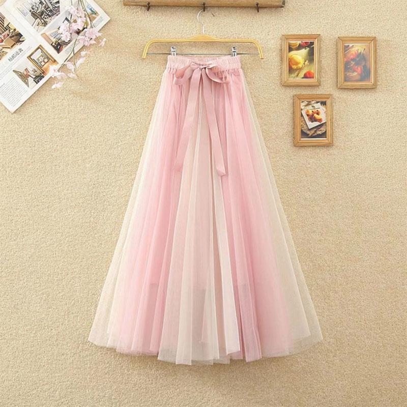 Spring and Summer Thin Two-color Stitching Fairy Tutu Skirt Mid-length Mesh Skirt A-line Small Fragrance Girl