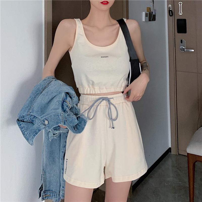 2PCS Summer Women's Sports Suit Vest T-shirt + Loose Drawstring Shorts Two-piece Set Fitness Running Jogging Suit Casual Workout Clothes Set