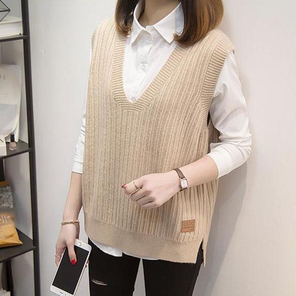 Loose Pullover Knit Vest, Short V-neck Sleeveless Sweater All-match Outer Wear