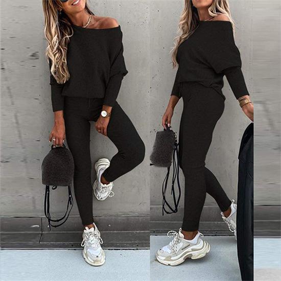 2PCS Women's Solid Color Casual Suit Slanted Shoulder Long Sleeve Loose Top Tie Sports Jogging Trousers Two-piece Suit Workout Clothes Set