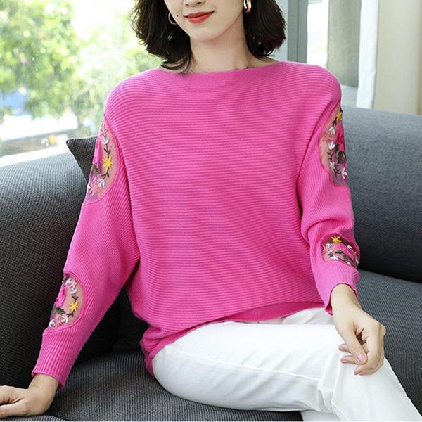 Sweater Women Loose Outer Wear Bat Sleeves Large Size Lace Casual Tops Spring and Autumn Printing Bottoming Shirt