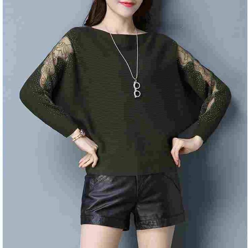 One Word Neck Short Knitwear Mesh Sleeve Spring and Autumn Sweater Women Loose Knit Bottoming Shirt