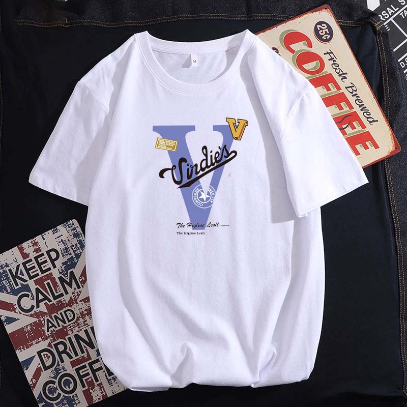 Men's and Women's Cotton Summer T-shirt Short-sleeved Round Neck Tops V-print Half-sleeved T-shirt