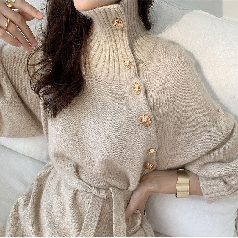 Women Autumn and Winter French Warm  Elegant Long-sleeved Lace-up Sweater Base Dress