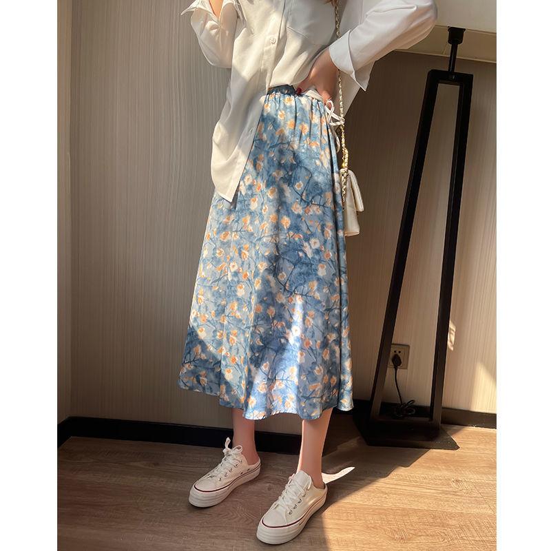 Female Oil Painting Flower Printing Vintage Skirt Elegant Slim High Elastic Waist Big Swing Holiday Skirt