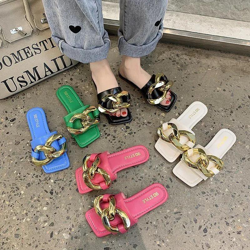 Fashion Chain Flat Sandals Slippers Women Summer Wear All-match Open-toed Sandals Women