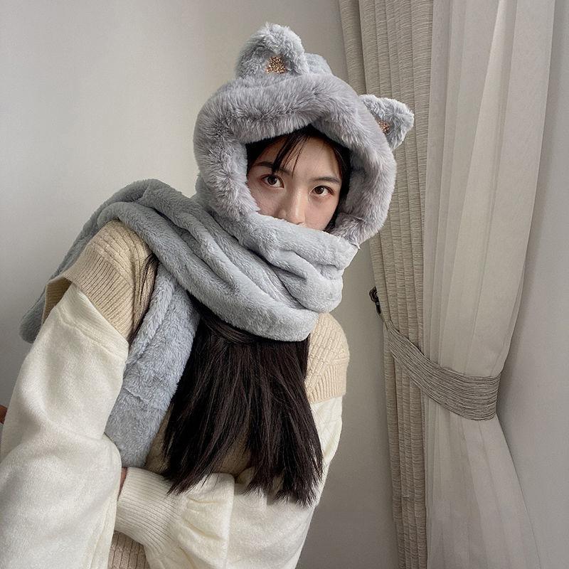 Winter Warm Scarf Women Girl Cute Cat Ear Hooded Pockets Gloves Scarves All In One Soft Shawls Sequin Lady Fashion Fur Warm Winter Scarf Bone Beauty