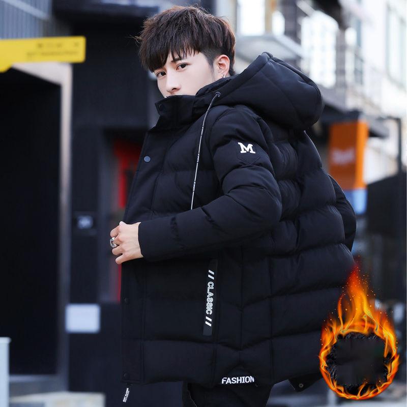 Winter Down Men's Padded Jacket Plus Velvet Thickening Youth Padded Hooded Jacket Trend Student Warm Jacket Fashion Slim Parker Clothing