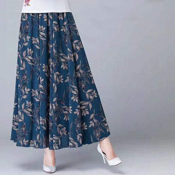 Women's Summer Ice Silk Floral Printing Skirt Elastic High Waist A-line Skirt Large Size Long Large Swing Skirt All-match Casual Skirt