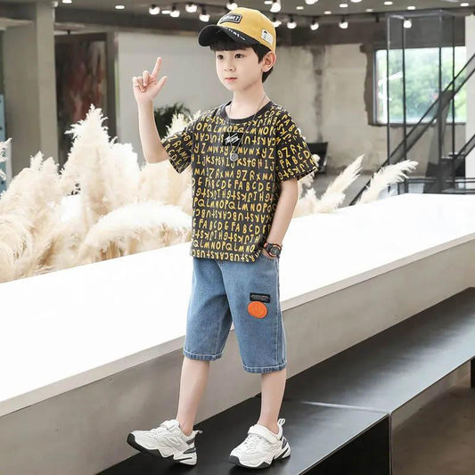 Children's Clothing Boys Summer Suit Head-up Letter Printing Short-sleeved Breathable Denim Five-point Pants Cool Cute Boy Two-piece Suit