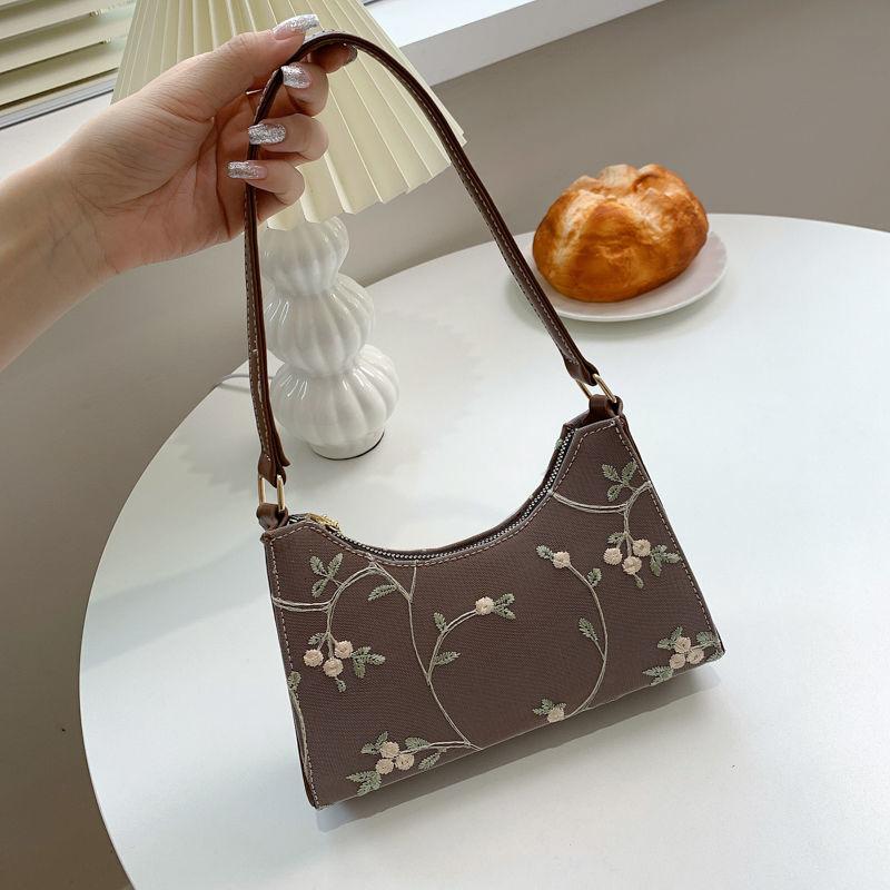 Lady Simple Hand Bag Baguette Bag Lace Flowers Pattern Armpit Bag for Women Shoulder Handbags