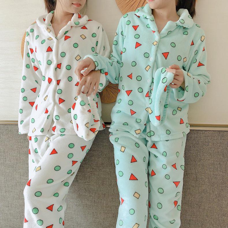 Flannel Cartoon Cute Pajamas Suit Women Winter Coral Fleece Homewear Autumn Thickening Sleepwear Set Geometry Winter Warm Nightwear Top and Pant Sets