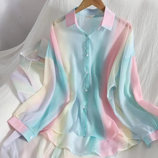 Mid-length Chiffon Shirt Rainbow Color Buttoned Shirt Age Reduction Sweet Summer Dress Gentle and Versatile Korean Sunscreen Shirt