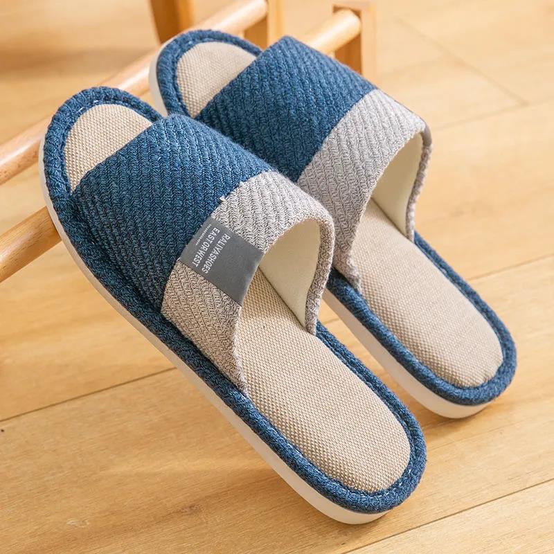 Men's Spring and Autumn Home Linen Slippers Home Indoor Couples Thick Bottom Non-slip Cotton Linen Breathable Four Seasons Slippers