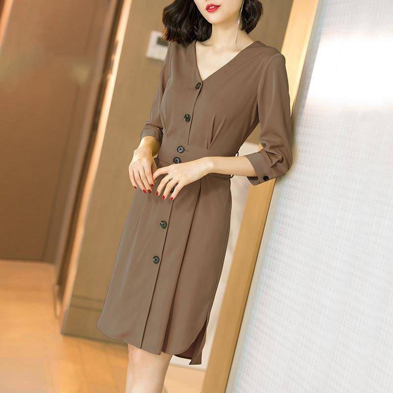 Shirt Dress Women Elegant Button Sash Belt Office Ladies Dresses Summer Ladies Khaki Work Dress