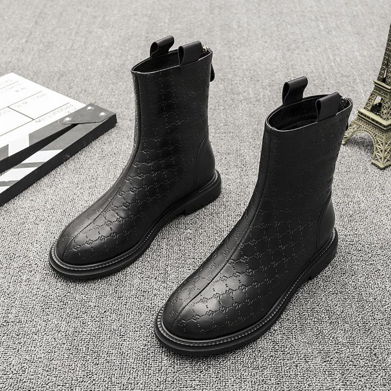 Soft Leather Fashion Short Boots Women's Autumn and Winter Women's Boots Round Toe Flat-heel Martin Boots Women's All-match Low-heeled Short Boots