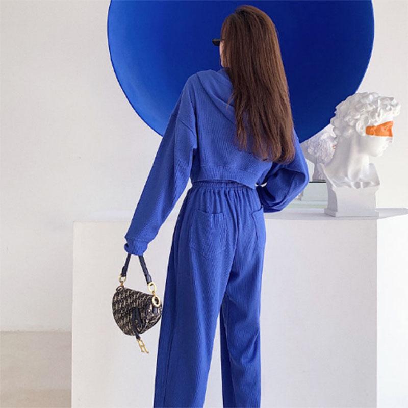 Sports Waffle Suit Women's Loose Casual High Waist  Blue Wide Leg Sweatpants Spring and Autumn Tide Two-piece Suit