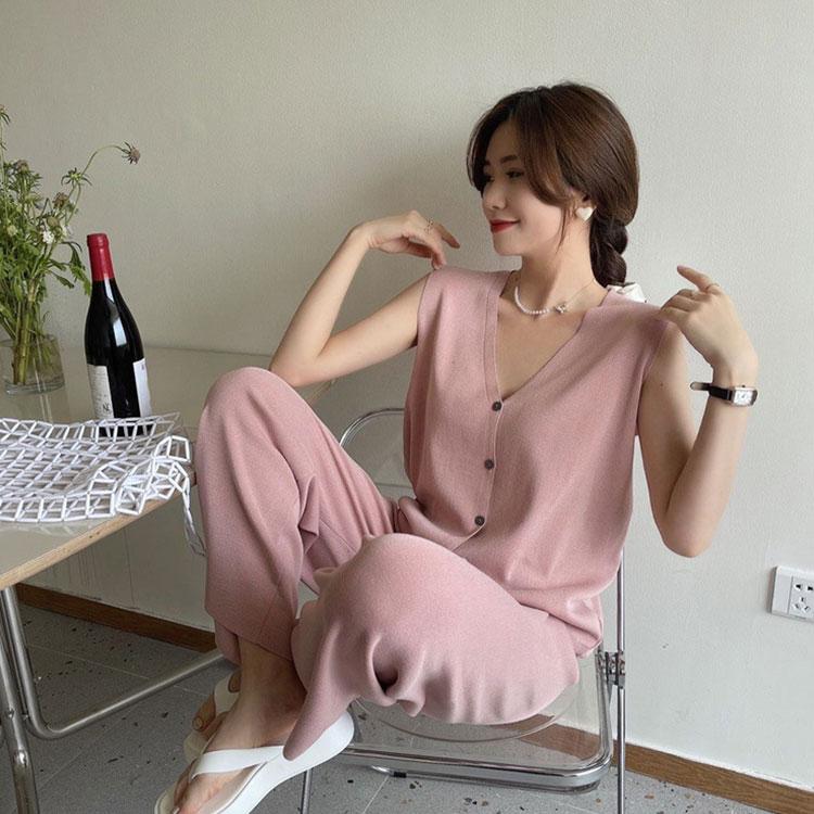 2PCS Spring and Summer Leisure Suit Two-piece Ice Silk Knitted Vest Cardigan + Wide-leg Pants Suit Loose Casual Lazy Style Sets