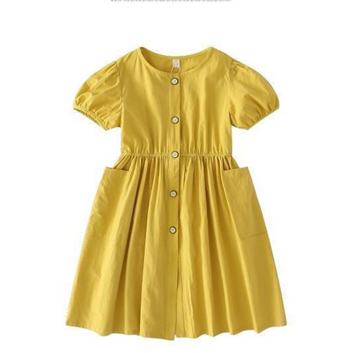 Children Dress Spring Summer O-neck Kids Clothing  Baby Girls Clothing Button Pockets Short Sleeve Dress Girl