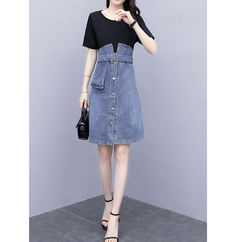 Plus Size Dress Summer Women Denim Stitching Dress Midi Short-sleeve Hooded Dress with Belt