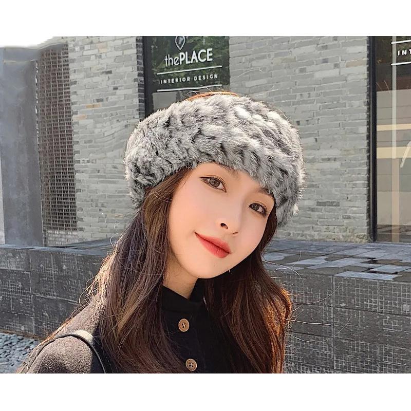 Women's Rabbit Fur Hat Autumn and Winter Korean Version Warmth Wide Side Cold-proof Thickened Headband Cap Fluffy Rabbit Fur Hat Warm Padded Top Cap