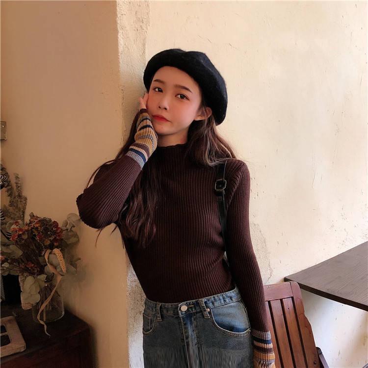 Women's Knitted Long-sleeved Hit Color Turtleneck Sweater Slim Pullover Bottoming Sweater