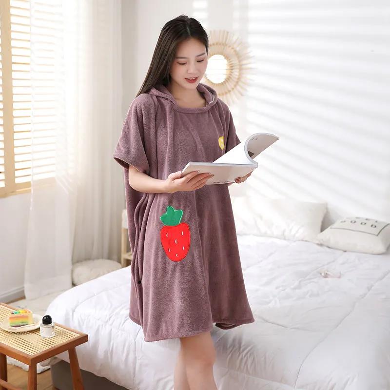 WTEMP Bath Towel Female Wearable Adult Bathrobe with Hood Cape Coral Fleece Bath Skirt Super Absorbent Home Night Gown