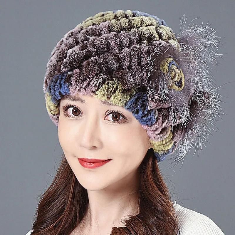 Women's Rex Rabbit Fur Hat Mother's Ear Caps Keep Warm Winter Plush Knitted Woolen Fur Hat High Quality Floral Knitting Hat Windproof Hat