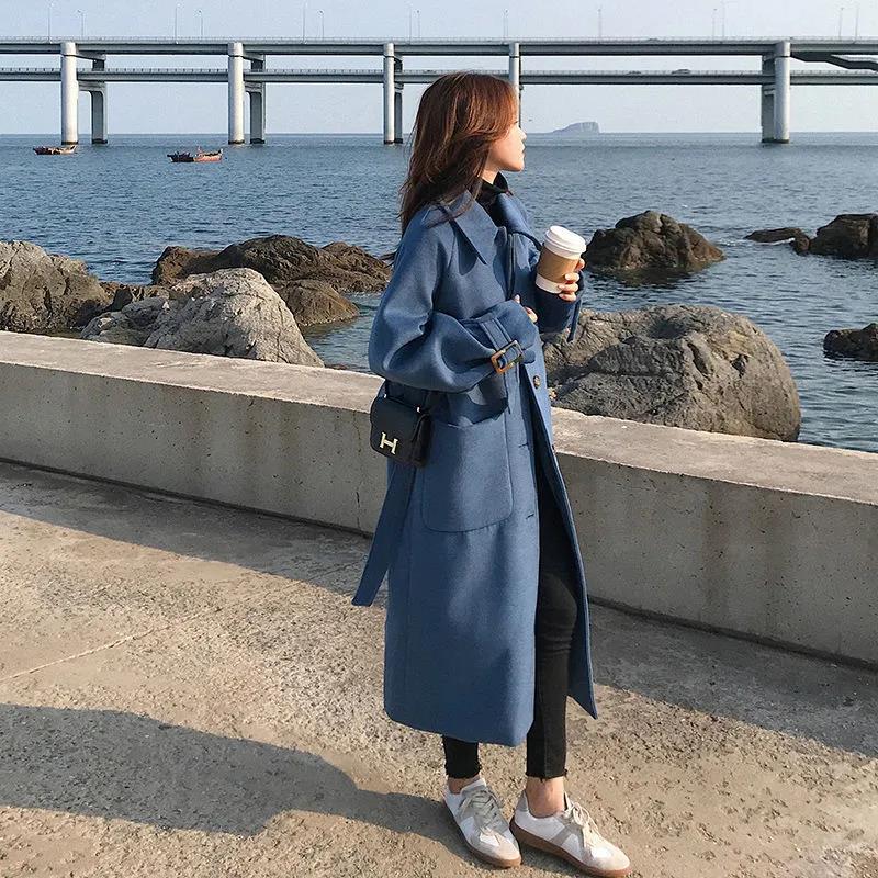 Haze Blue Woolen Coat Women's Mid-length Autumn and Winter Student Loose Hepburn Style Woolen Coat