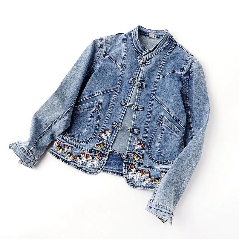 Autumn 2021 Chinese Style Embroidered Stretch Denim Jacket Women's Short Jacket Loose Retro