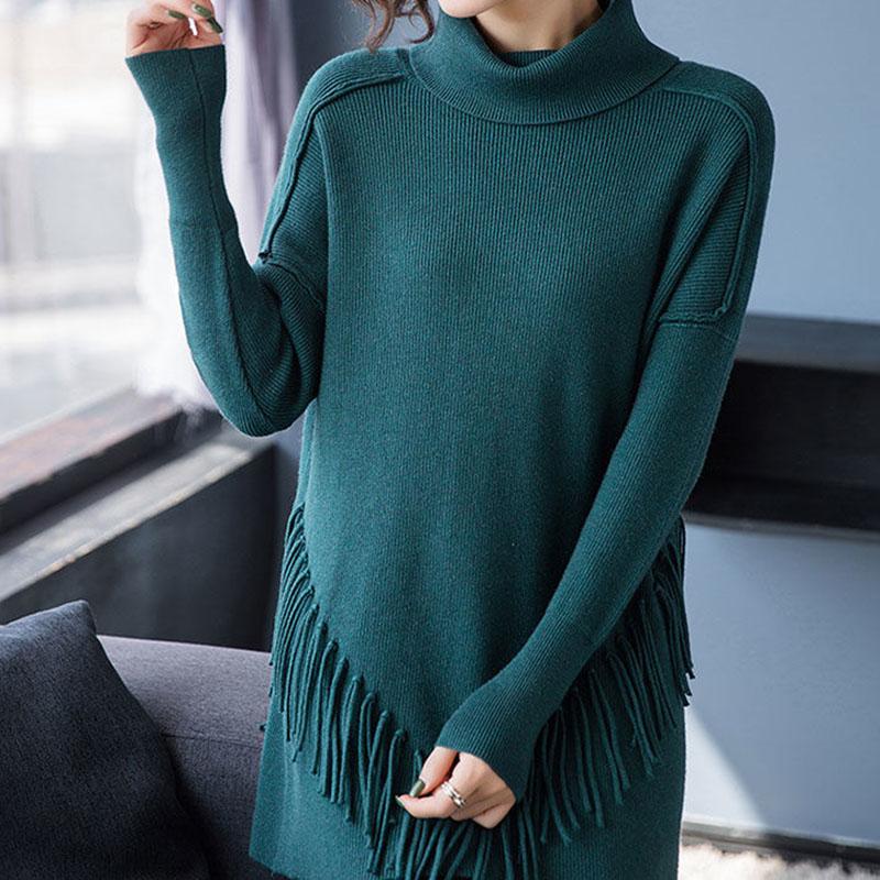 Autumn and Winter High Neck Loose Sweater Mid-length Tassel Plus Size Top Solid Color Knitted Women's Bottoming Shirt