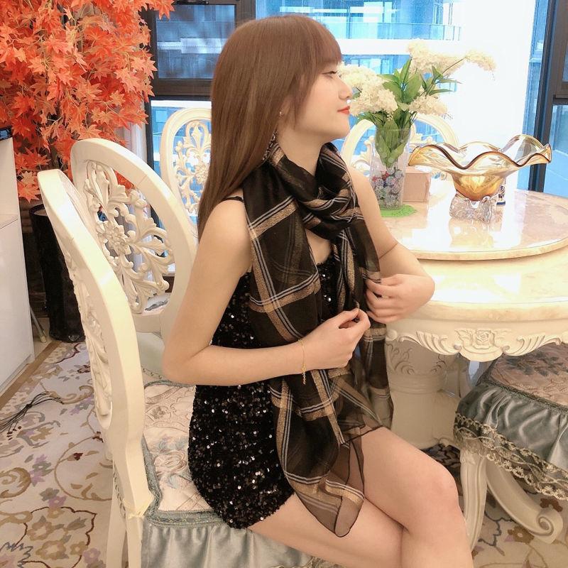 Women's Autumn and Winter Silk Scarf Korean Style All Match Mulberry Silk Shawl Thin Silk Plaid Scarf Long Dual-use Gauze Scarf Sweet Neckerchief