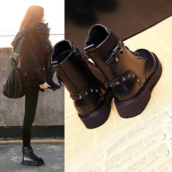 Pair of Shoes Fashion Women Boots Round ToeThick Bottom PU Leather Waterproof Woman Martin Boots