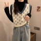 Sweater Vest Women Vintage Sleeveless Knitted Crop Tops Girls Patchwork Flowers Spring Simple Casual V-neck Japanese Style Chic