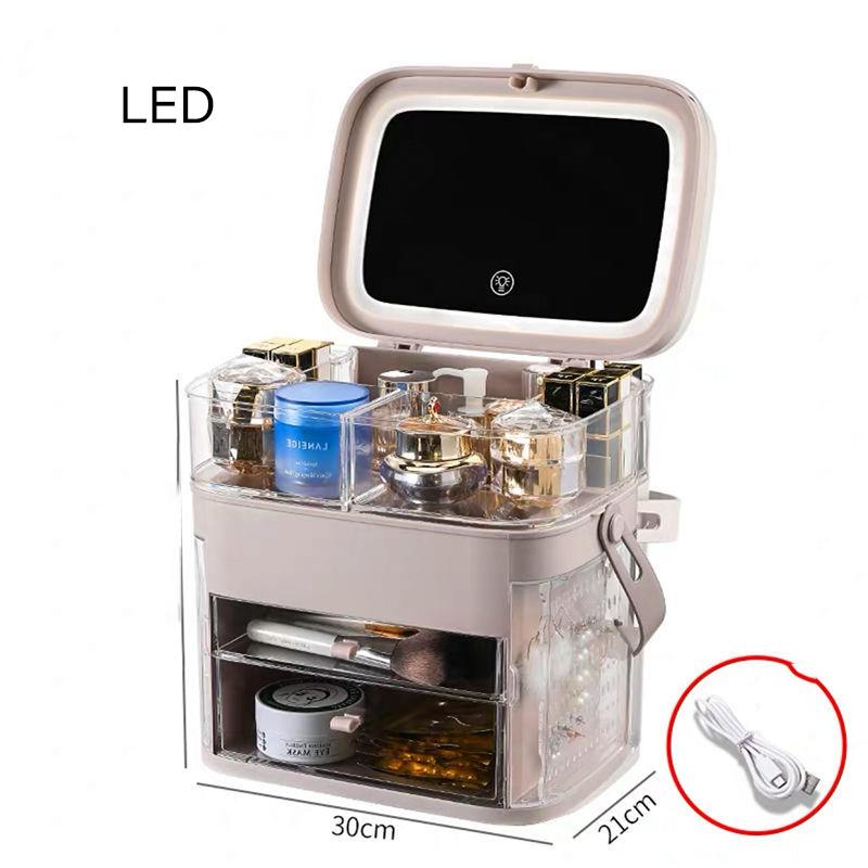 Cosmetic Storage Box with Mirror LED Light Dustproof Household Dressing Table Skin Care Product Shelf Jewelry Large