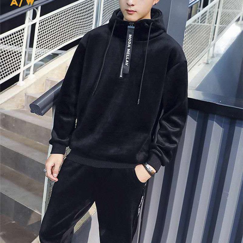 Gold Velvet Men's Sweater Suit Winter Fashion Hooded Plus Velvet Thick Korean Casual Sports Jacket